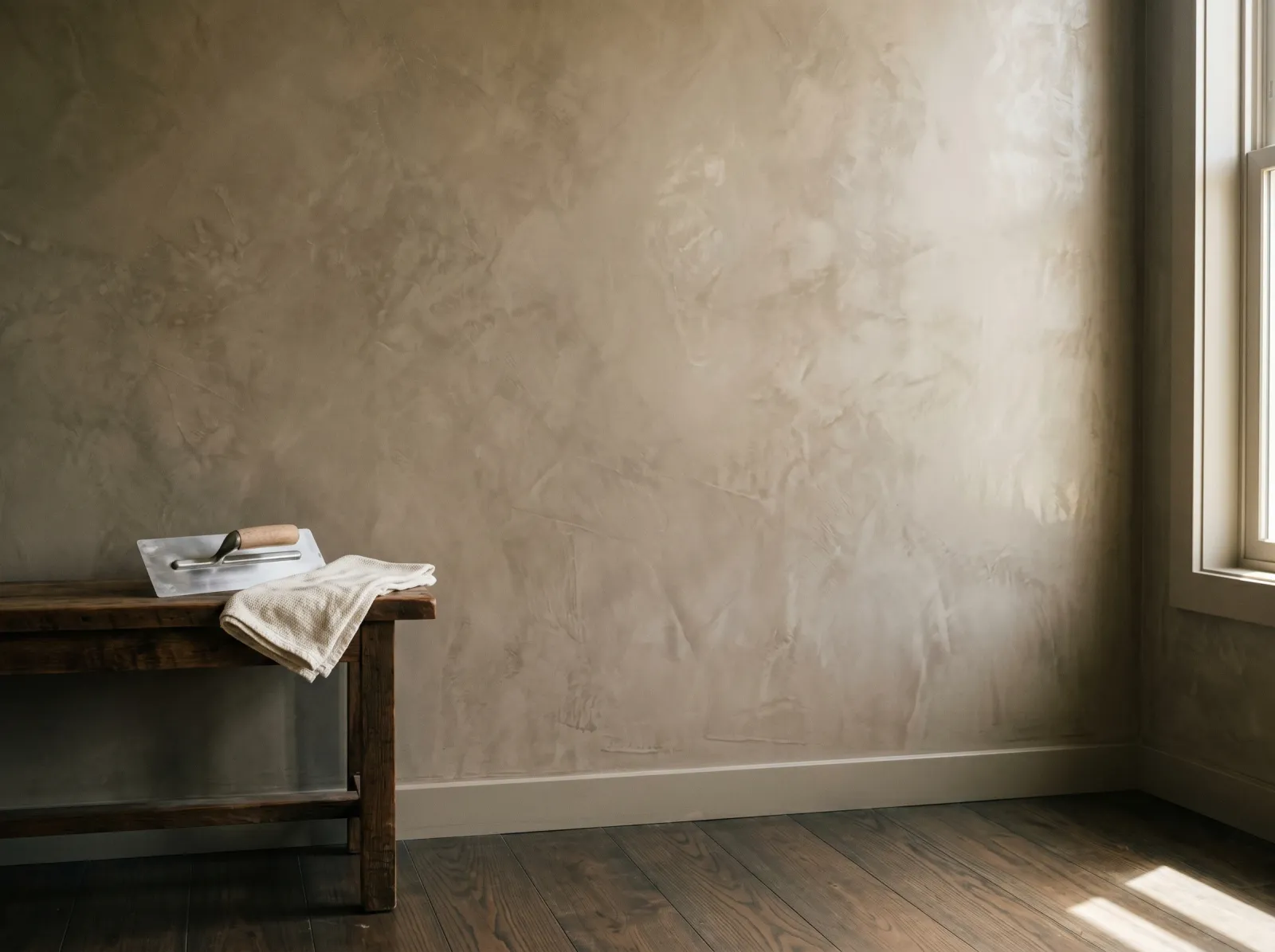 Venetian plaster wall burnished to a soft satin polish catching raking afternoon light