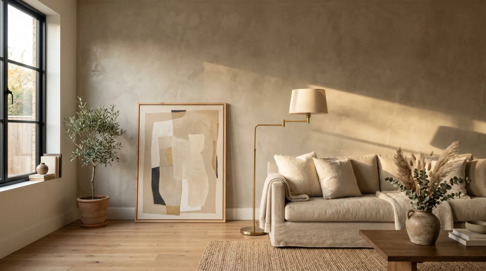 Finished Venetian plaster accent wall in a styled living room with soft late daylight