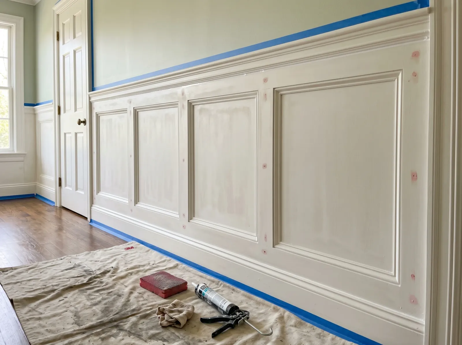 Raised-panel wainscoting prepped with spackle, caulk, and tape before painting