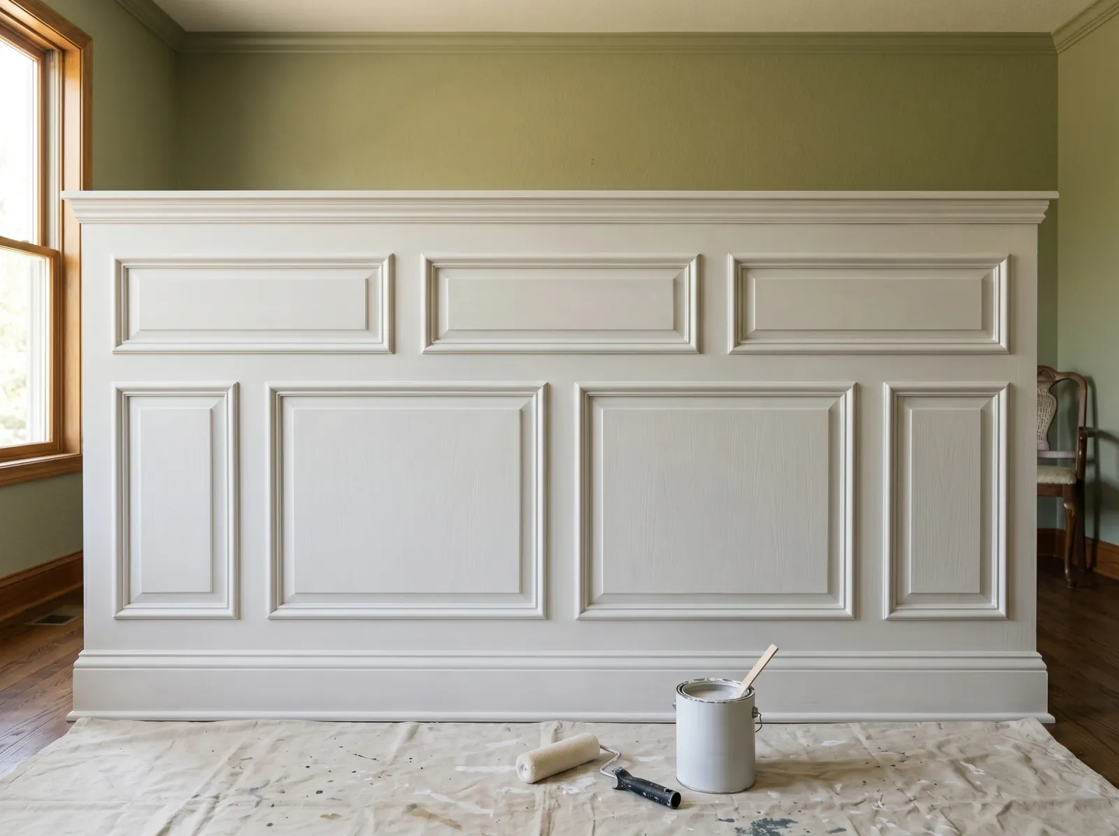 Raised-panel wainscoting coated in white-grey bonding primer