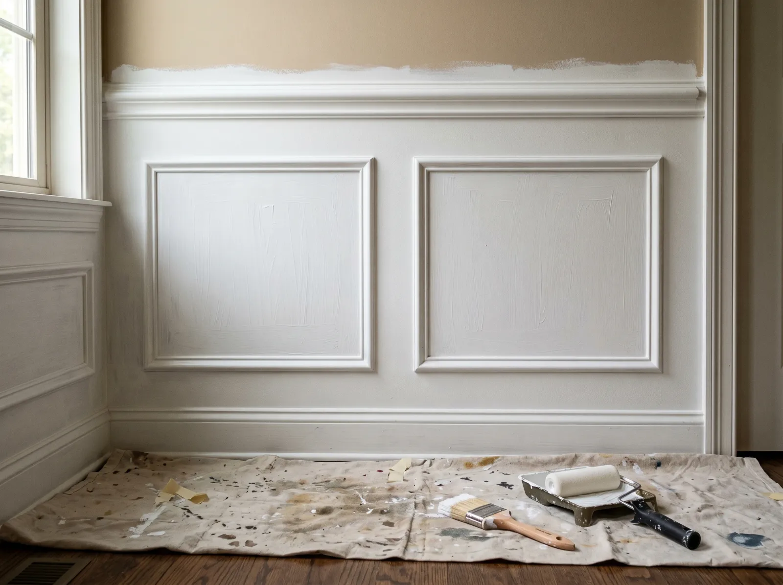 Wainscoting with first coat of warm white enamel, grooves brushed and faces rolled
