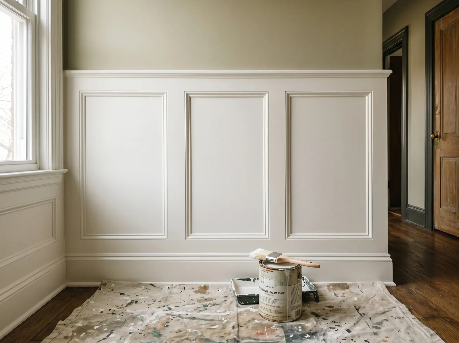 Wainscoting with a smooth even second coat of warm white satin enamel