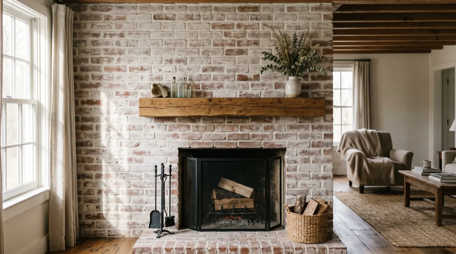 Interior brick fireplace lightly whitewashed in soft white with the brick texture still showing through