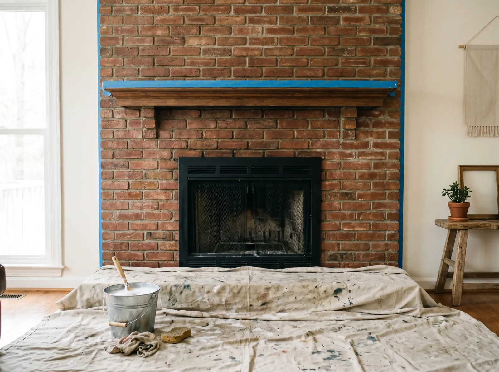 Bare red brick fireplace wall cleaned and taped with a drop cloth over the hearth