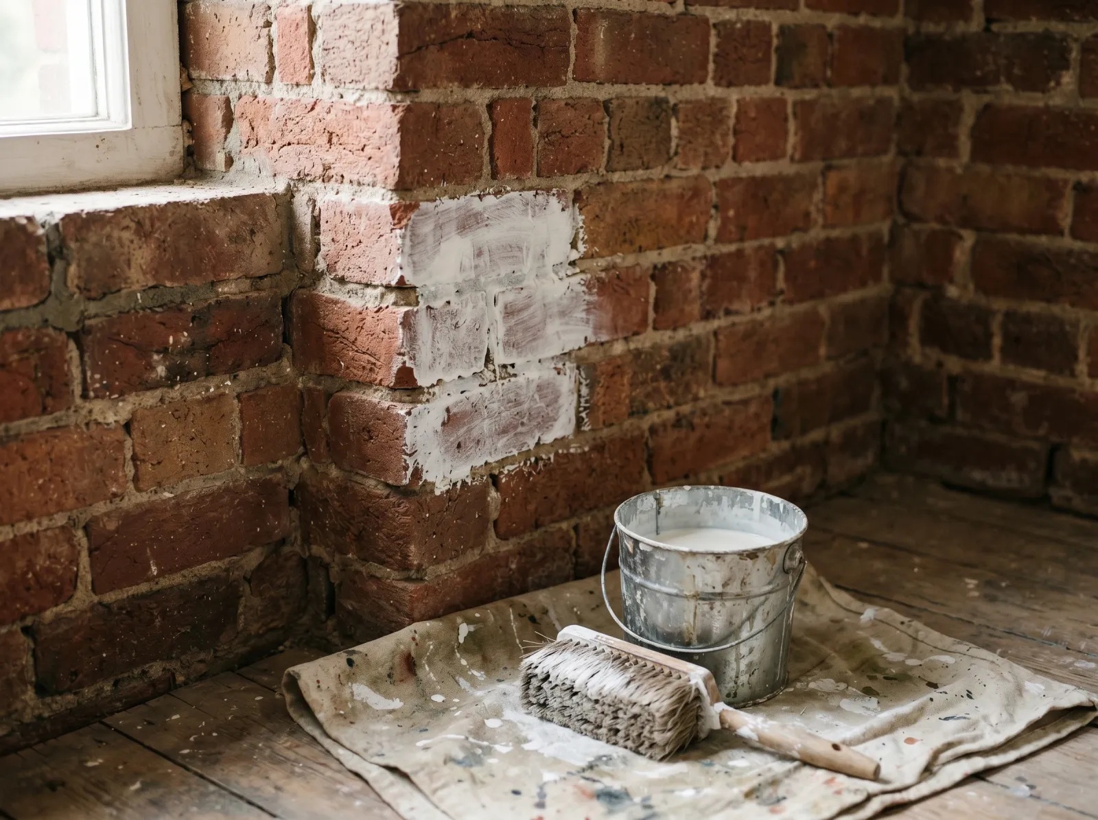 Test patch of thin white wash brushed on a few bricks next to a bucket of wash