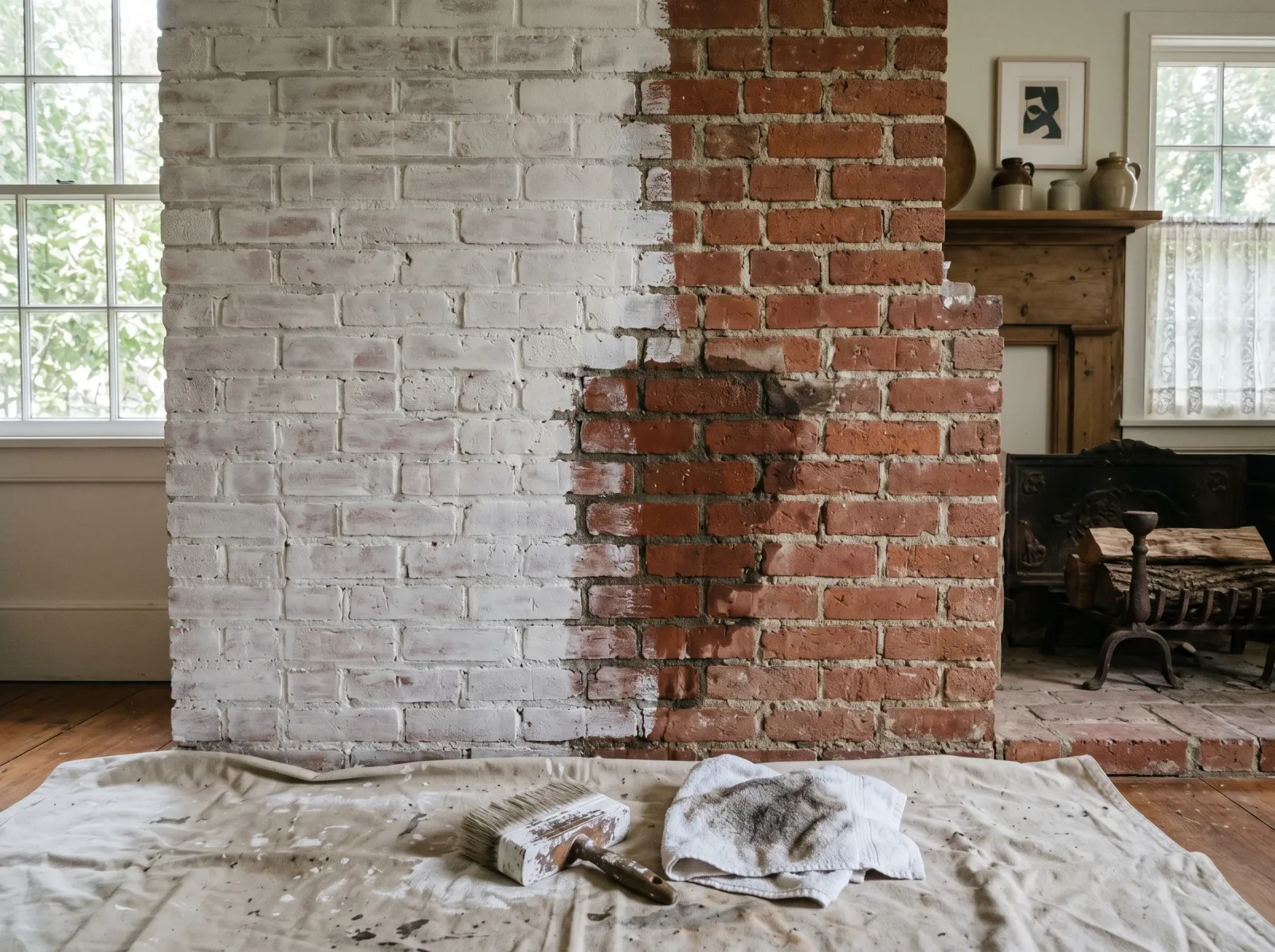 Brick wall half whitewashed with a soft translucent finish meeting bare brick at a wet edge