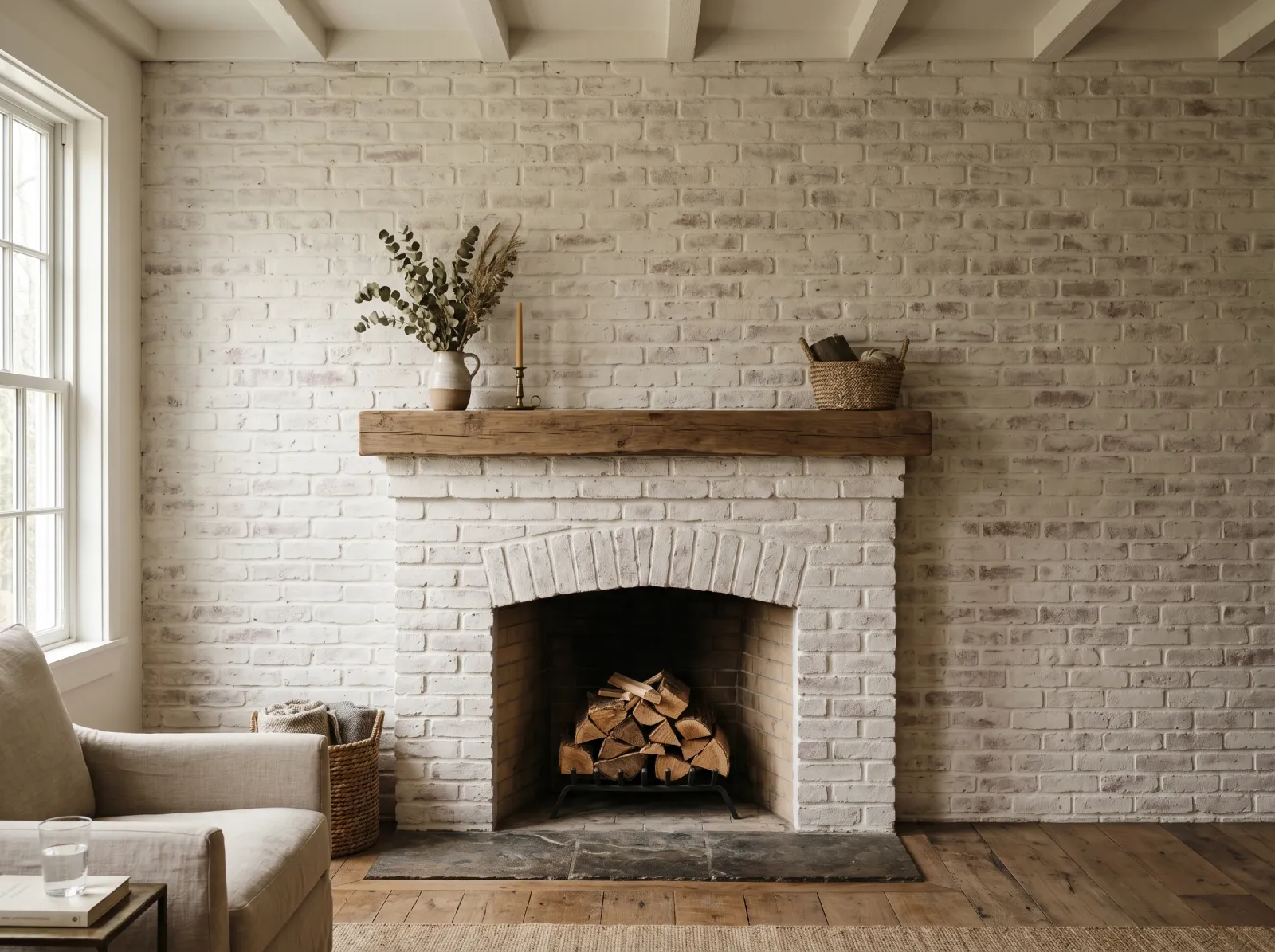 Whitewashed brick wall dried with the warm brick tone reading softly through the white