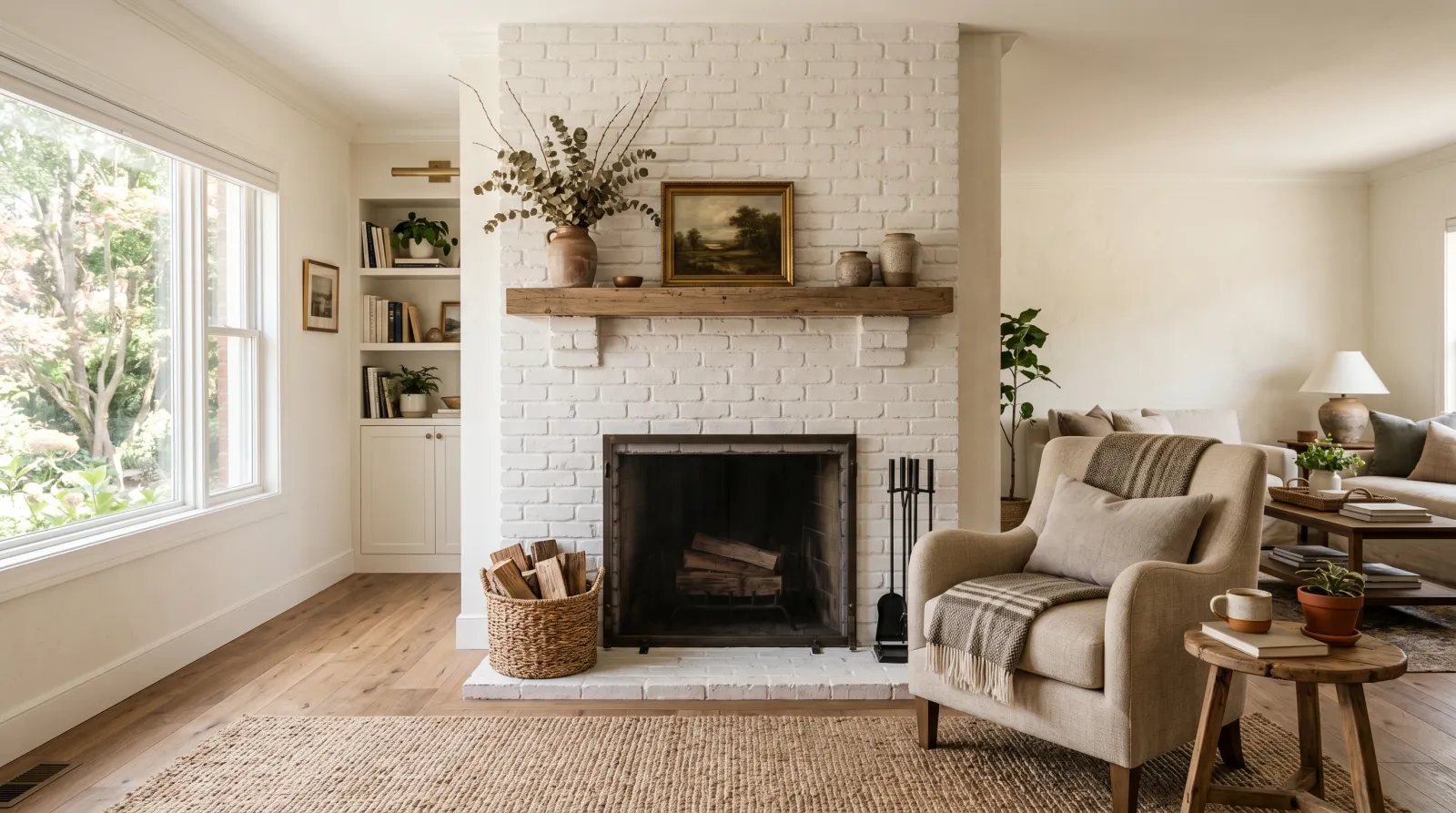 Finished living room with a whitewashed brick fireplace styled with a mantel and armchair
