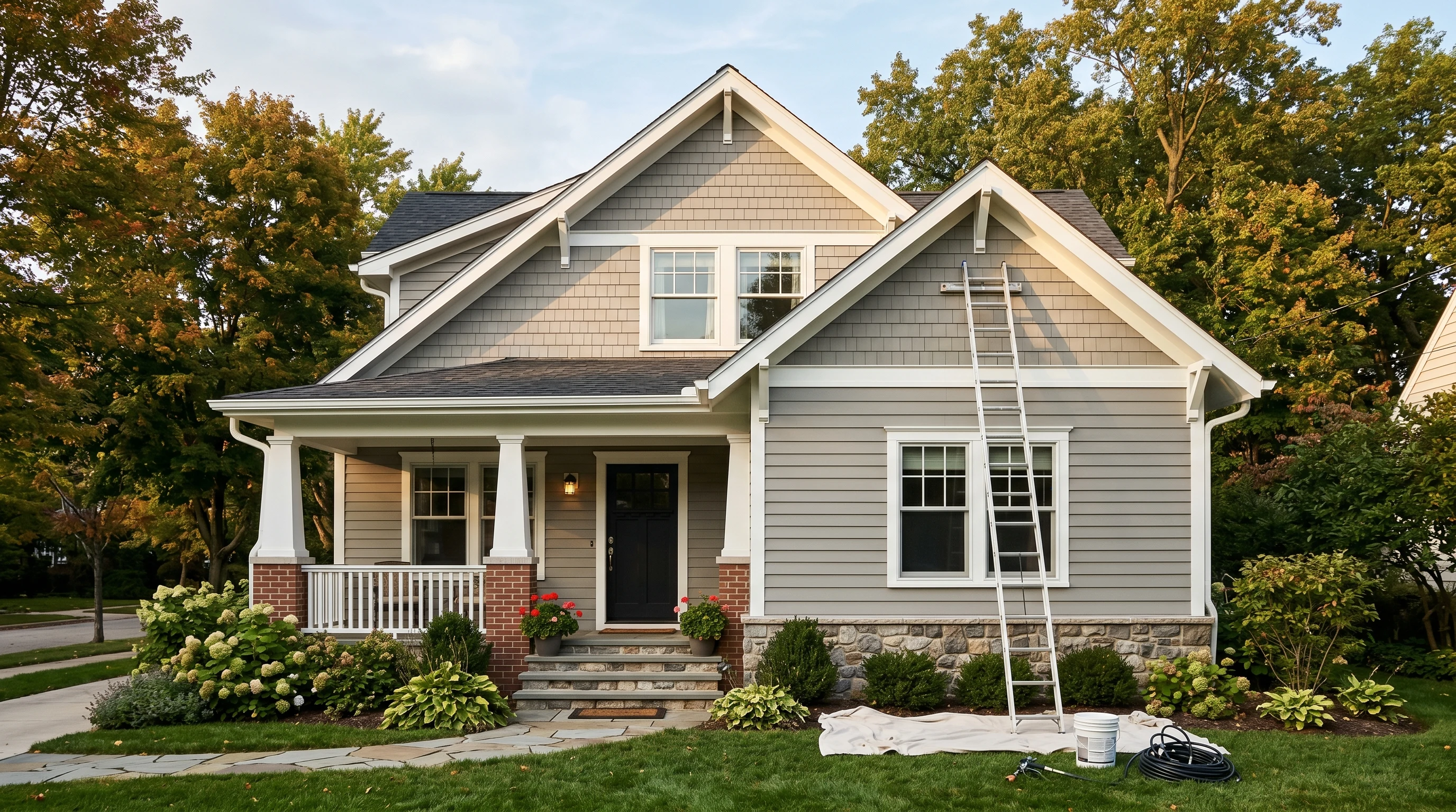 Freshly painted two-story craftsman home with warm gray body and white trim, ladder and sprayer hose at the foundation in late afternoon light