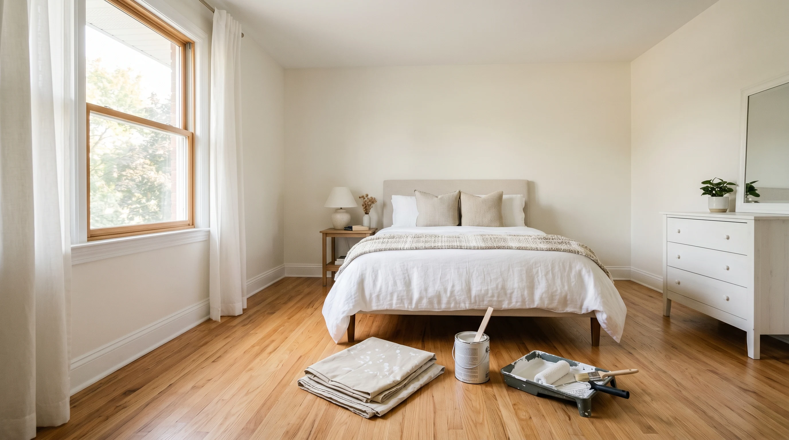 Finished bedroom freshly painted in warm soft white with the drop cloth folded by the wall