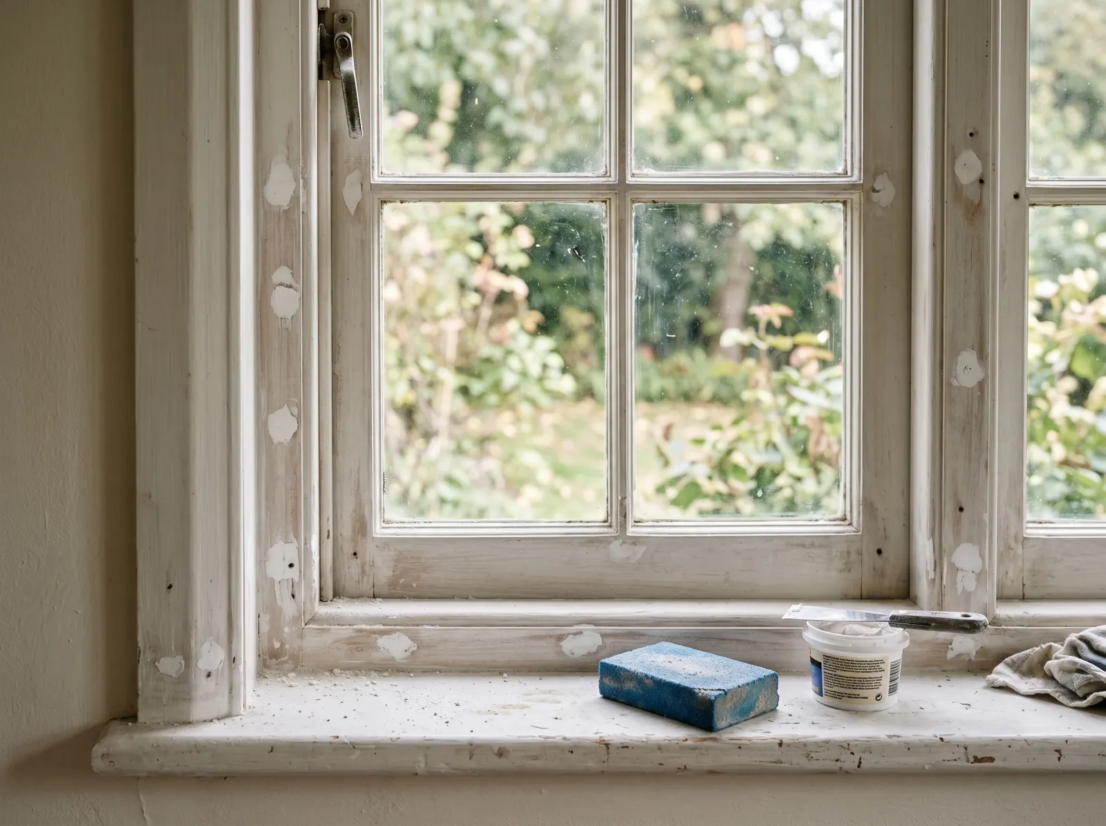 Window frame prepped with spackle patches and a lightly sanded dull surface