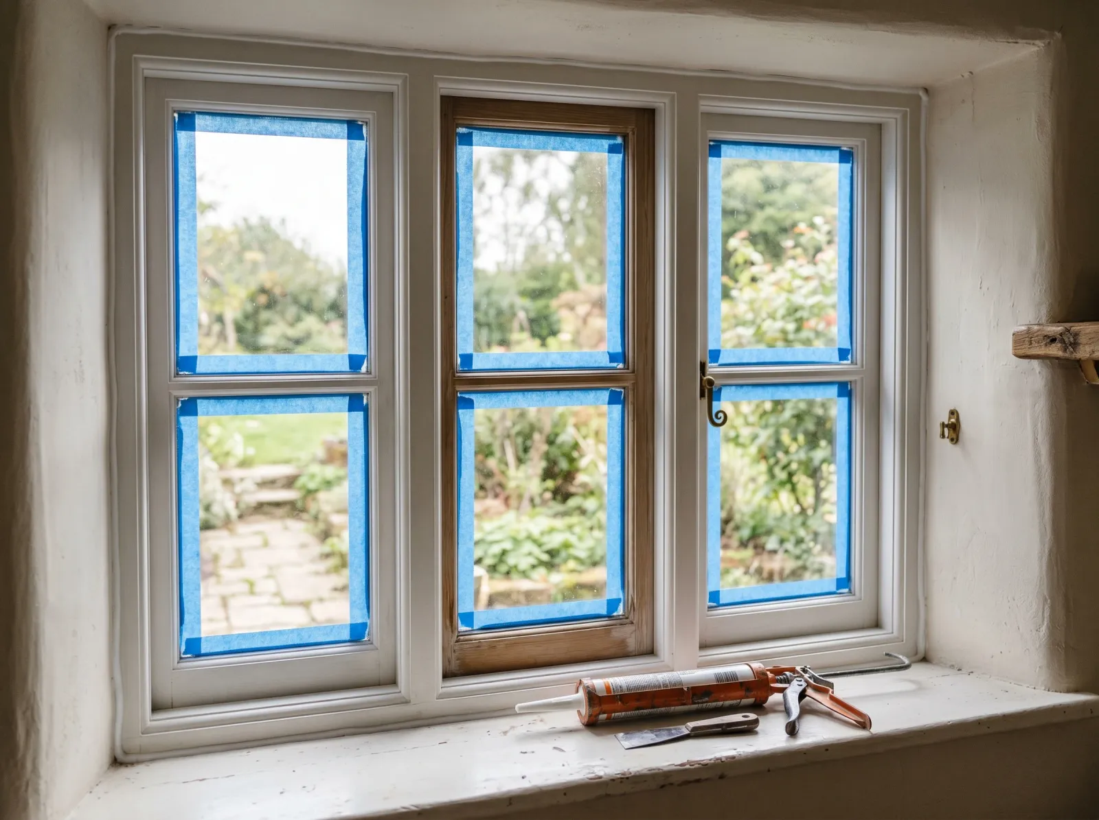 Window glass masked with painter's tape and a fresh caulk bead along the casing
