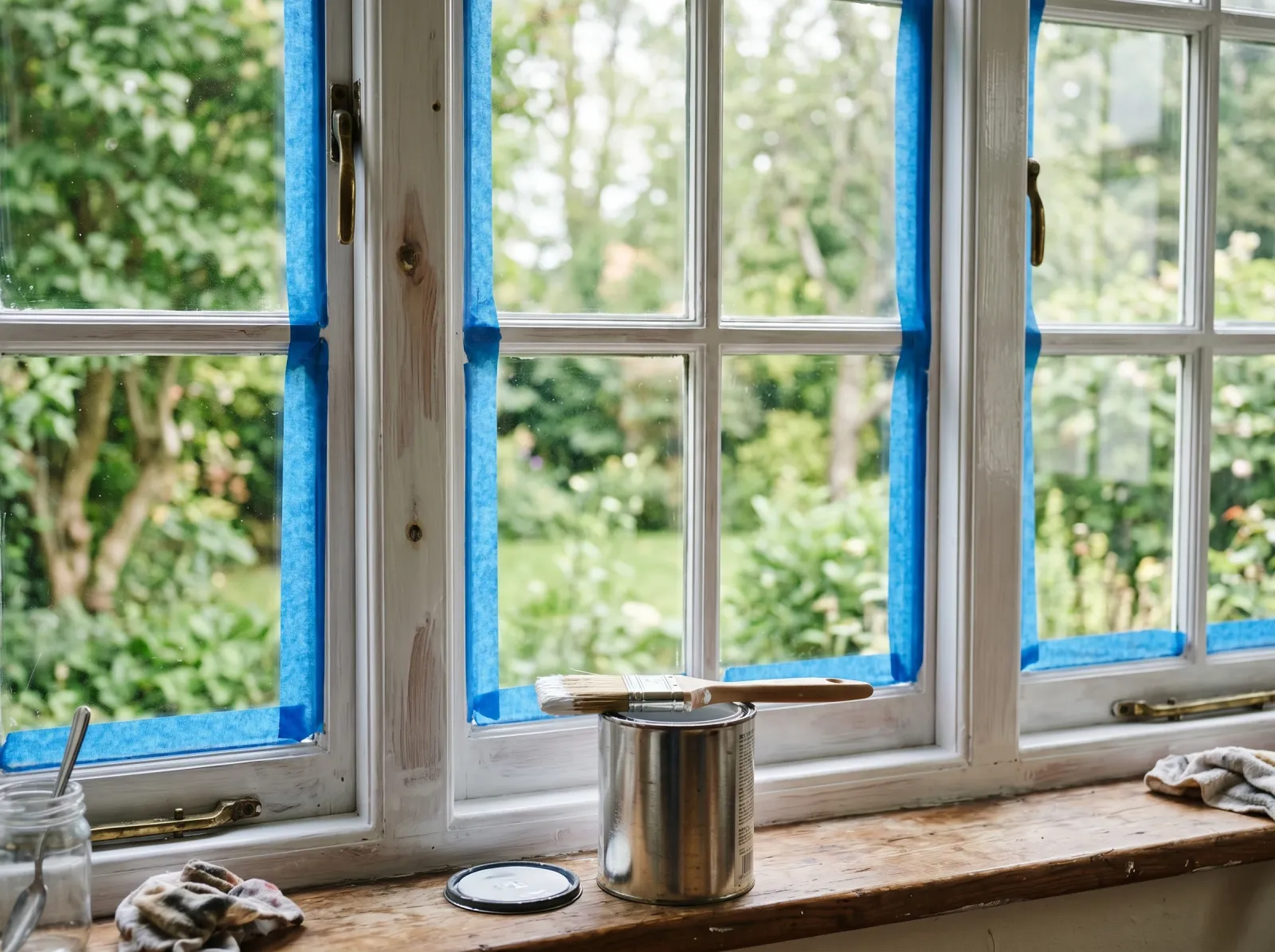 Window trim with a thin first coat of white enamel, tape still on the glass