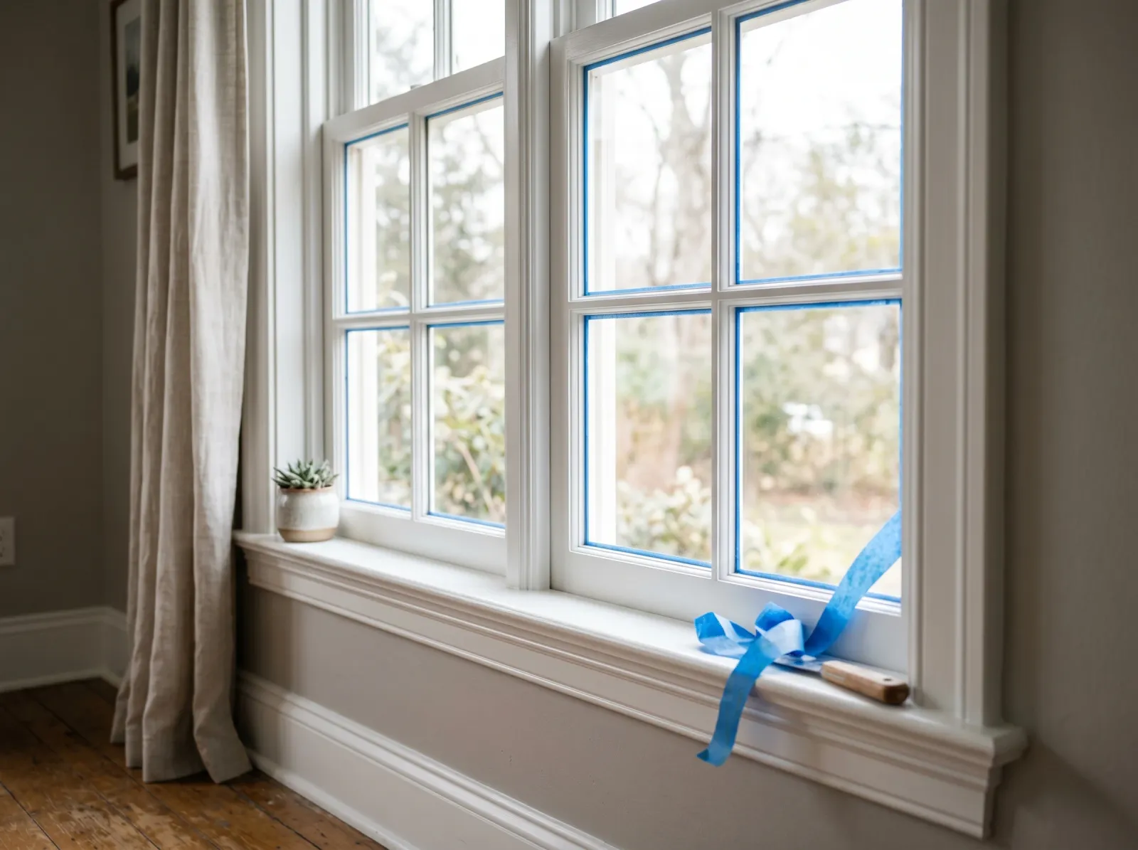 Window trim with smooth second coat and tape peeling to show a sharp line on the glass