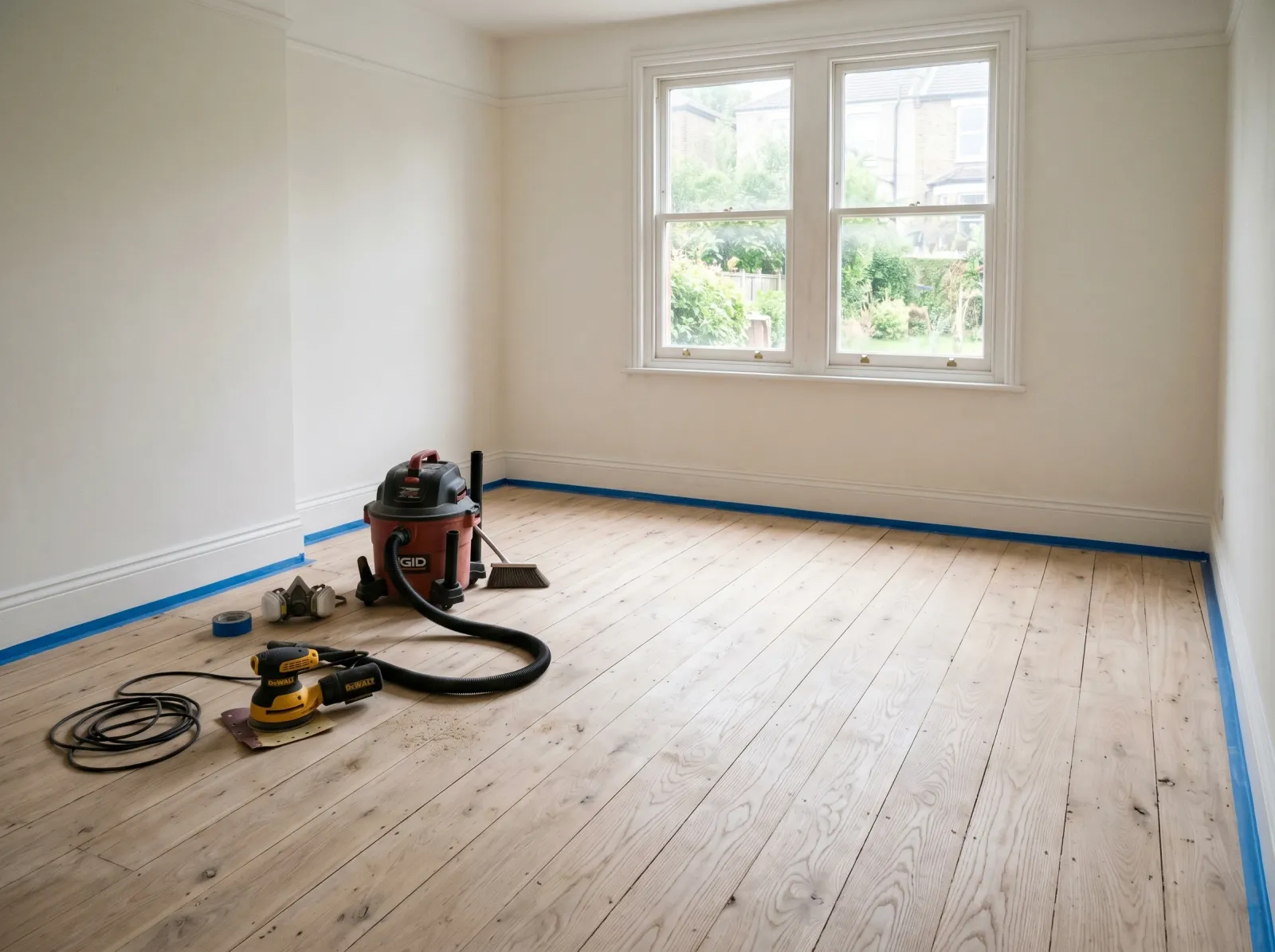Empty room with a wood floor sanded down to bare pale wood, sander and vacuum in the corner