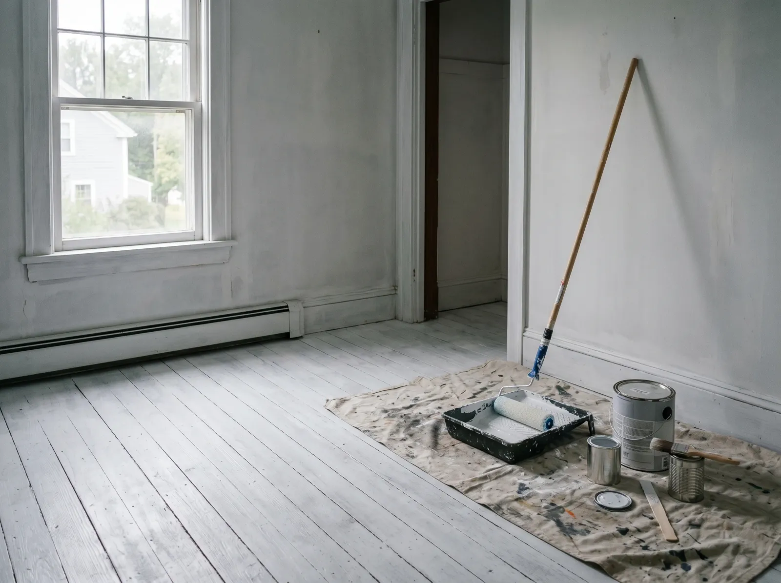 Wood floor coated in a flat white-grey primer with a roller and can in the corner