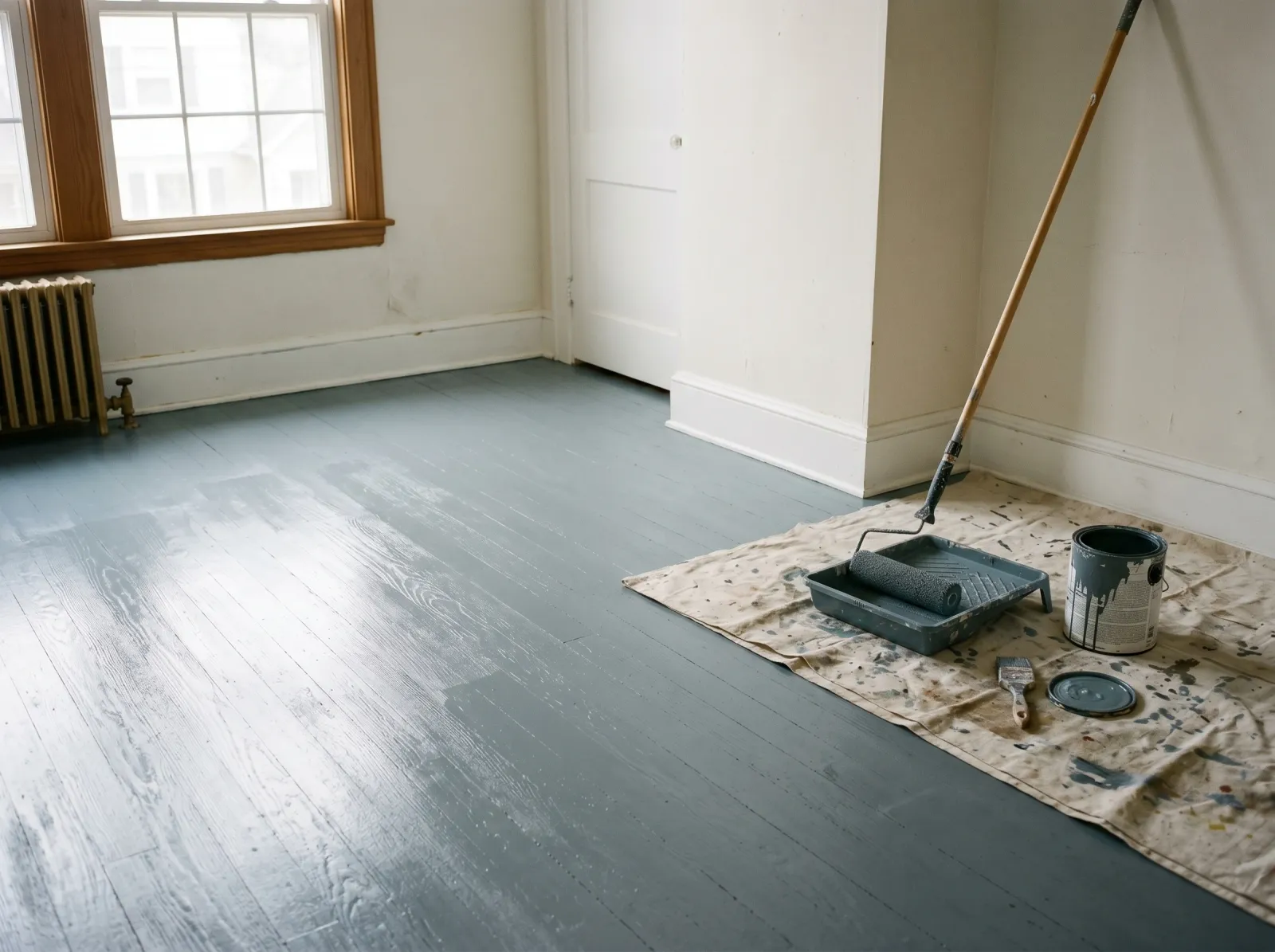 Wood floor with a thin first coat of grey-blue floor enamel, roller and tray in the corner