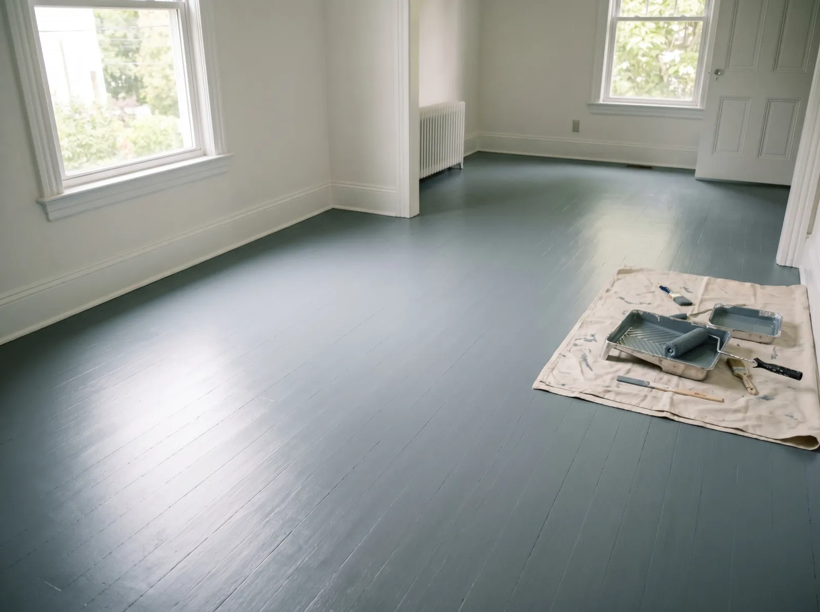 Wood floor with an even second coat of grey-blue floor enamel and a uniform sheen