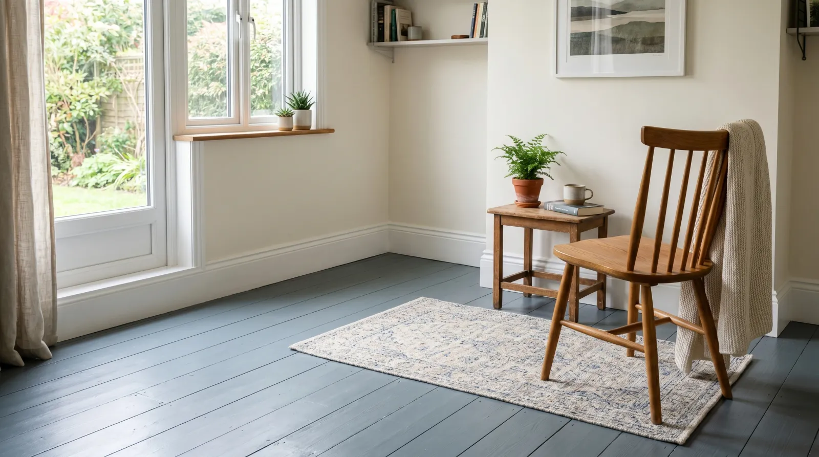 Finished room with a cured grey-blue painted wood floor, a rug and chair back in place