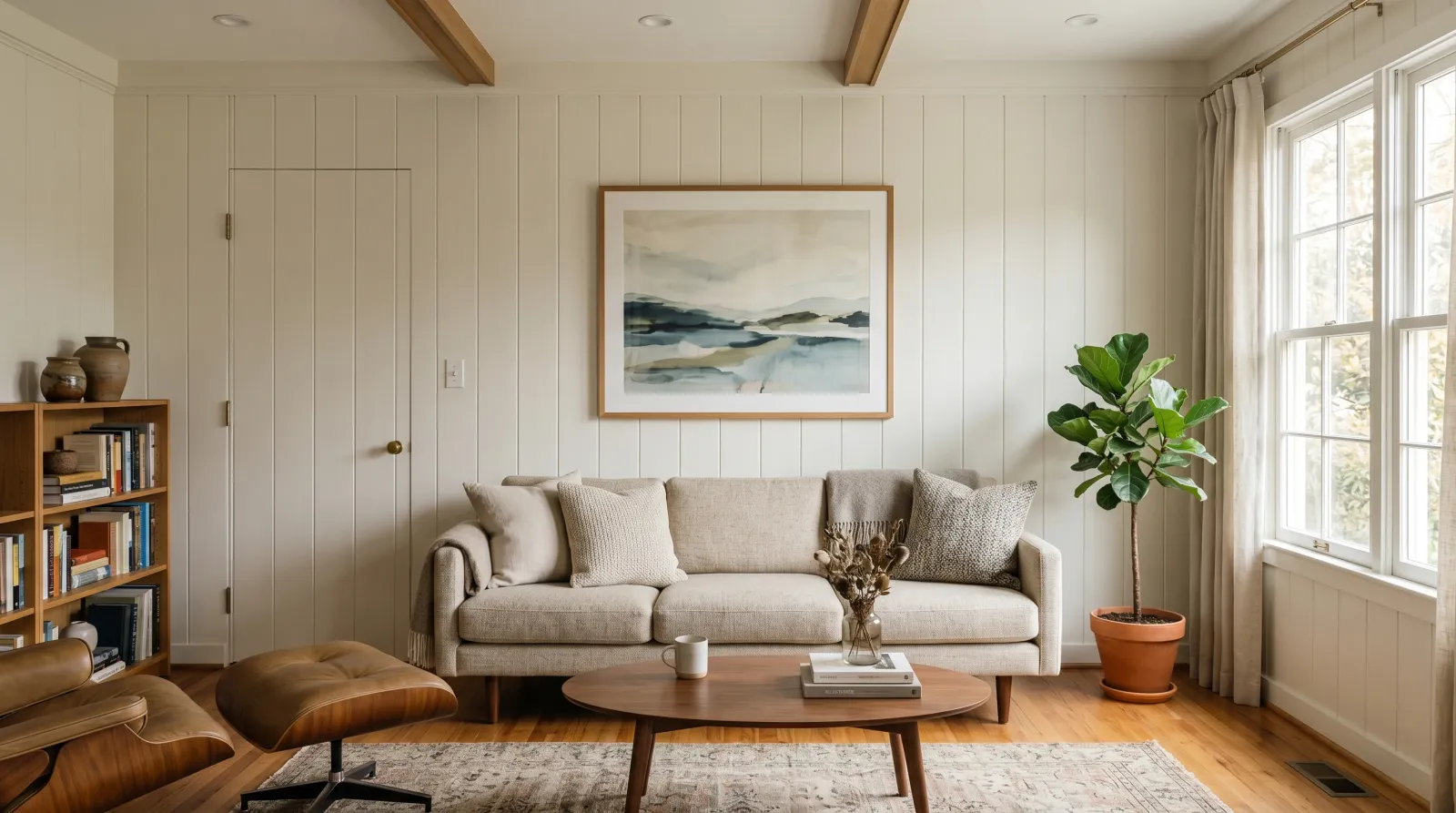 Living room with wood paneling painted soft warm white, groove lines faintly visible
