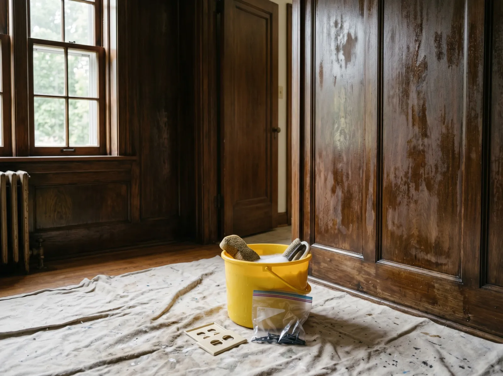 Dark wood paneling wiped clean with degreaser, bucket and sponge on the drop cloth