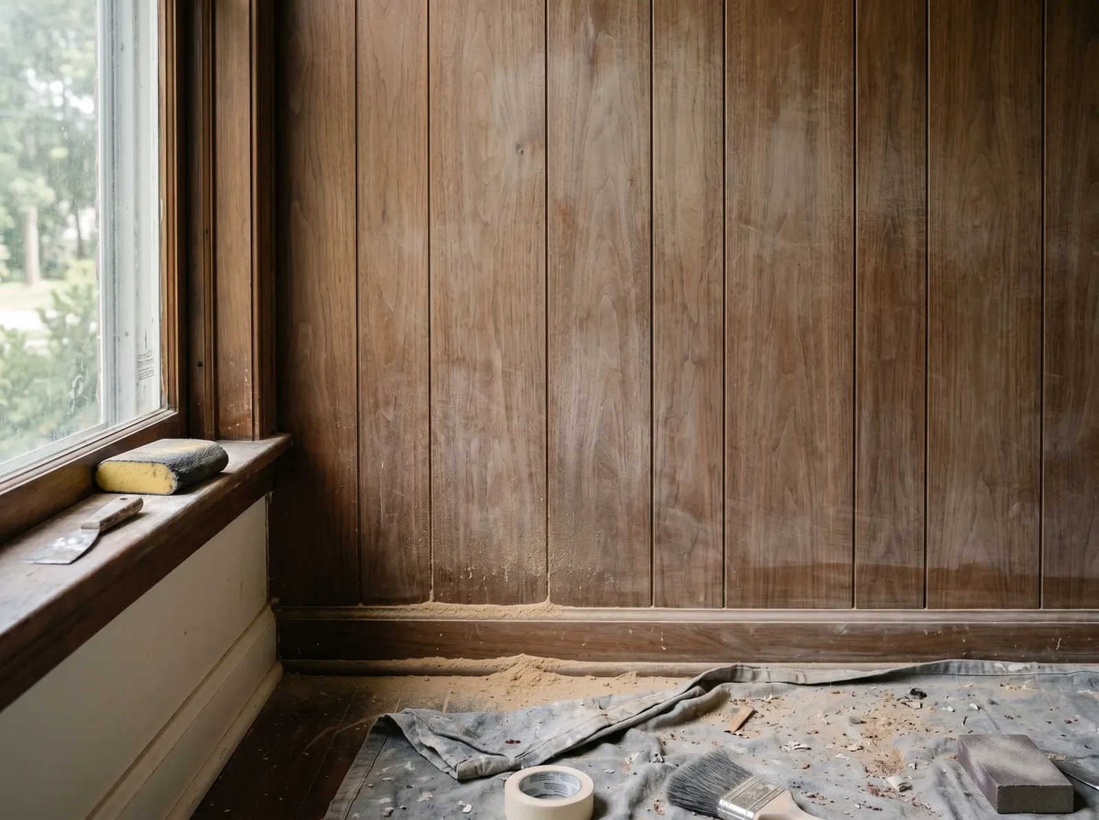 Wood paneling scuff-sanded to a dull matte haze, sanding sponge on the sill