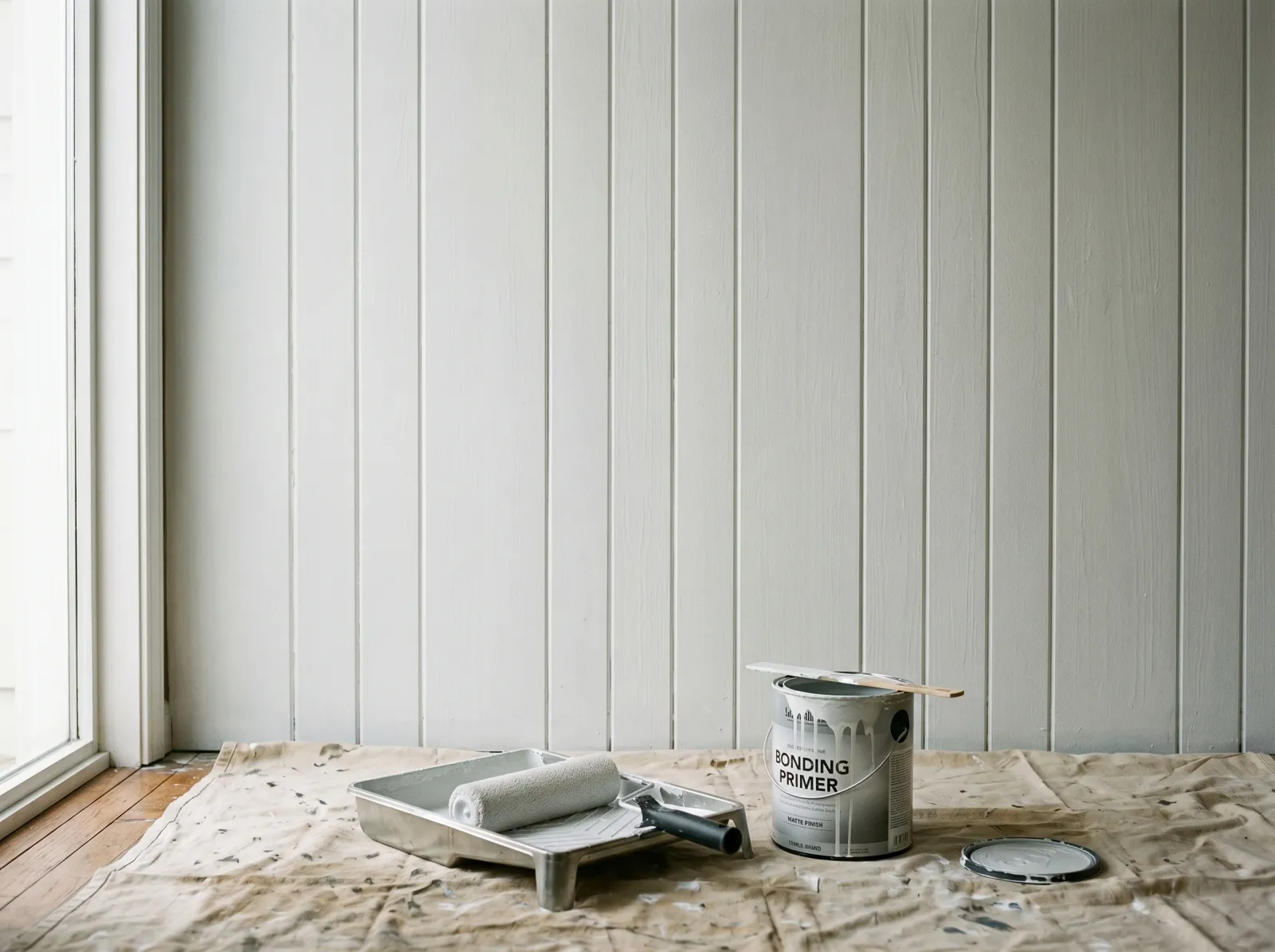 Wood paneling covered in one even coat of white-grey bonding primer, grooves coated