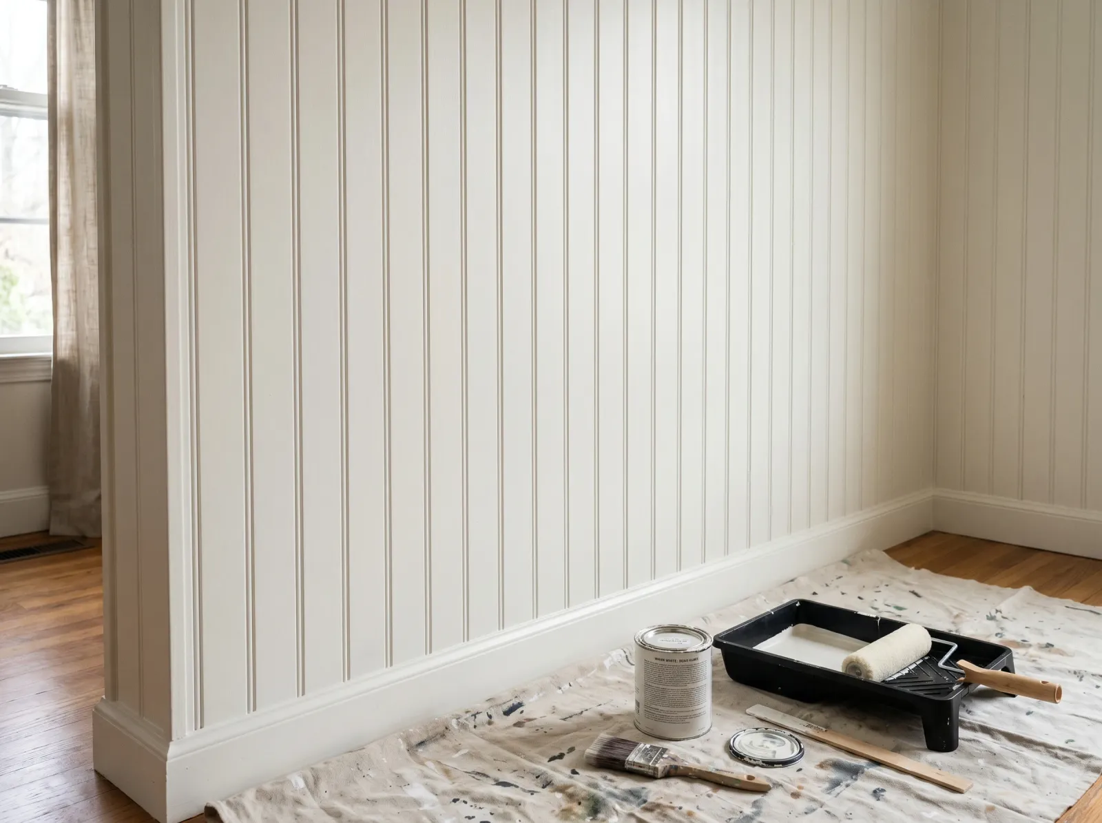 Wood paneling with even second coat of warm-white finish, grooves crisp