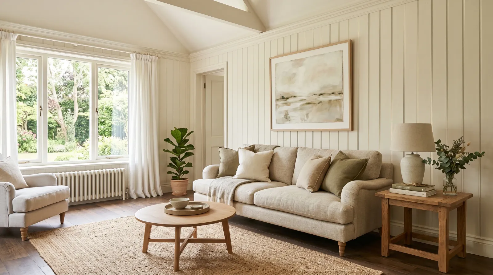 Finished living room with painted white paneling and furniture back in place