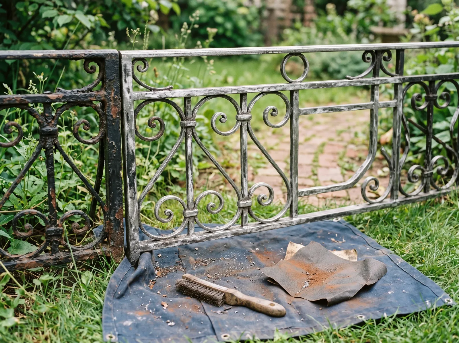 Old wrought-iron fence section with rust wire-brushed back to bare metal