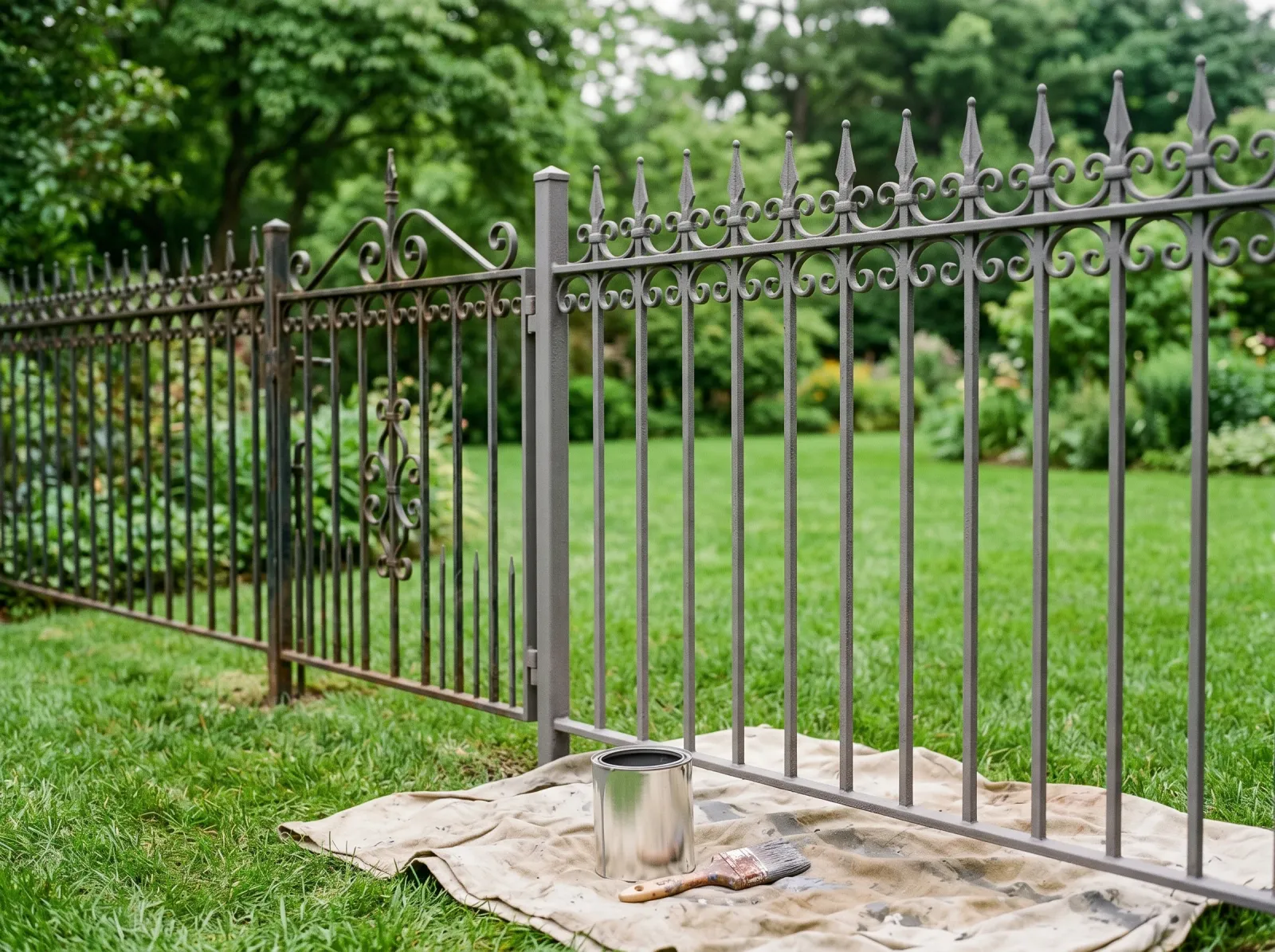 Wrought-iron fence coated in dull grey primer drying in overcast light