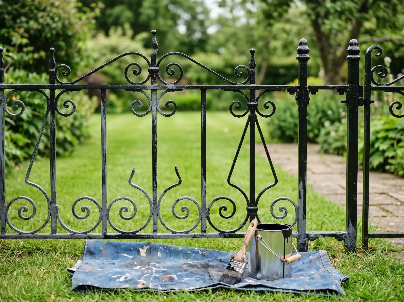 Wrought-iron fence with a thin first black topcoat showing primer beneath