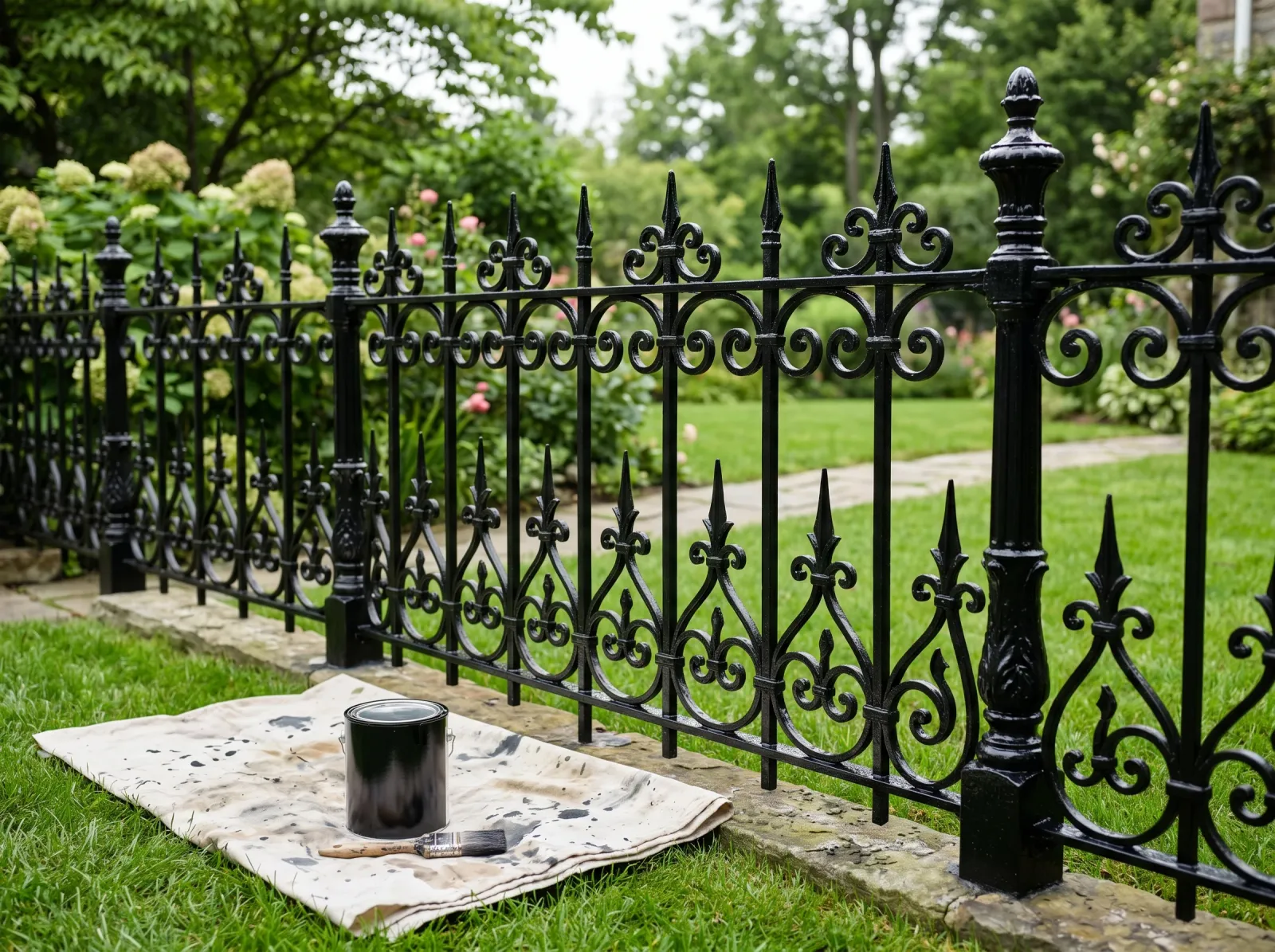 Wrought-iron fence with an even glossy black second coat and crisp scrollwork