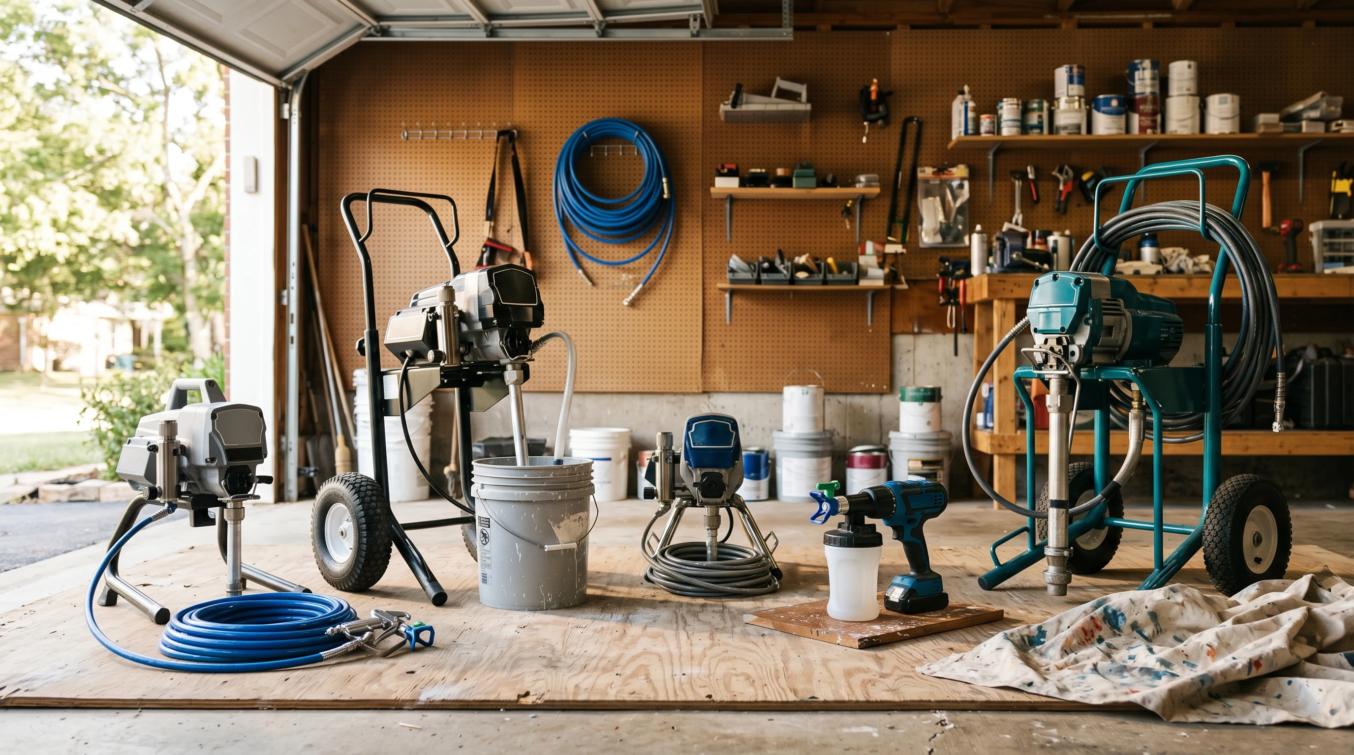 Five airless paint sprayers staged on the floor of a sunlit garage workshop