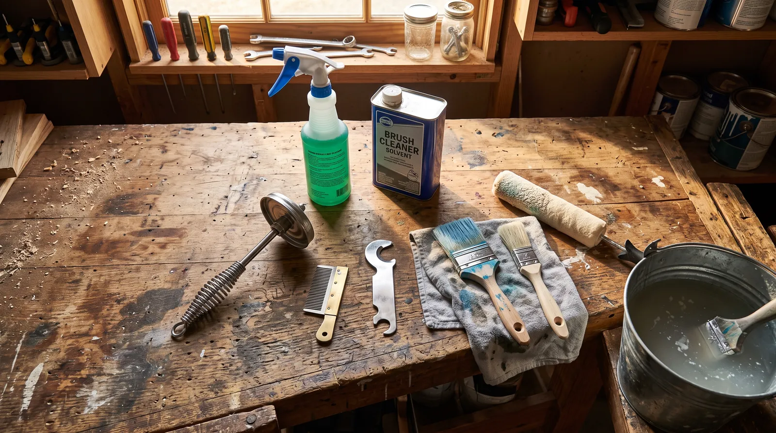 Brush cleaning station with a spinner, cleaners, comb, and brushes on a workbench