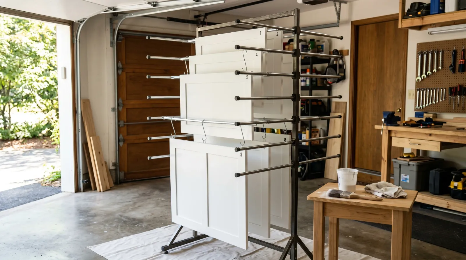 Tall freestanding cabinet door drying rack holding eight freshly painted white shaker doors hanging by their bottom edges in a soft-lit home garage