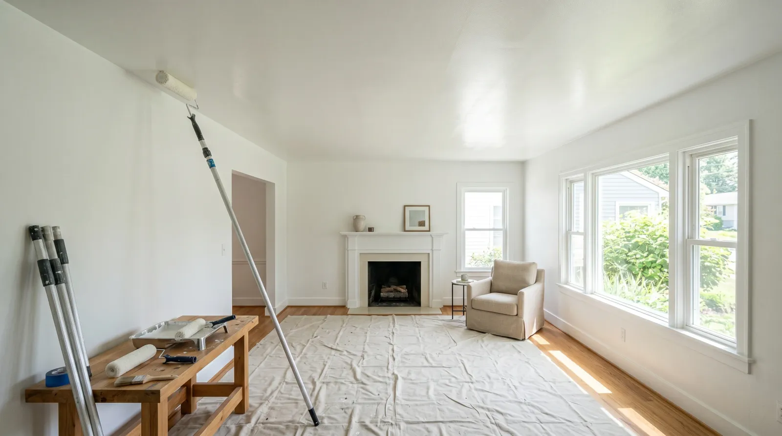 Sunlit living room with a freshly rolled flat-white ceiling, an extension pole and loaded roller frame in the foreground
