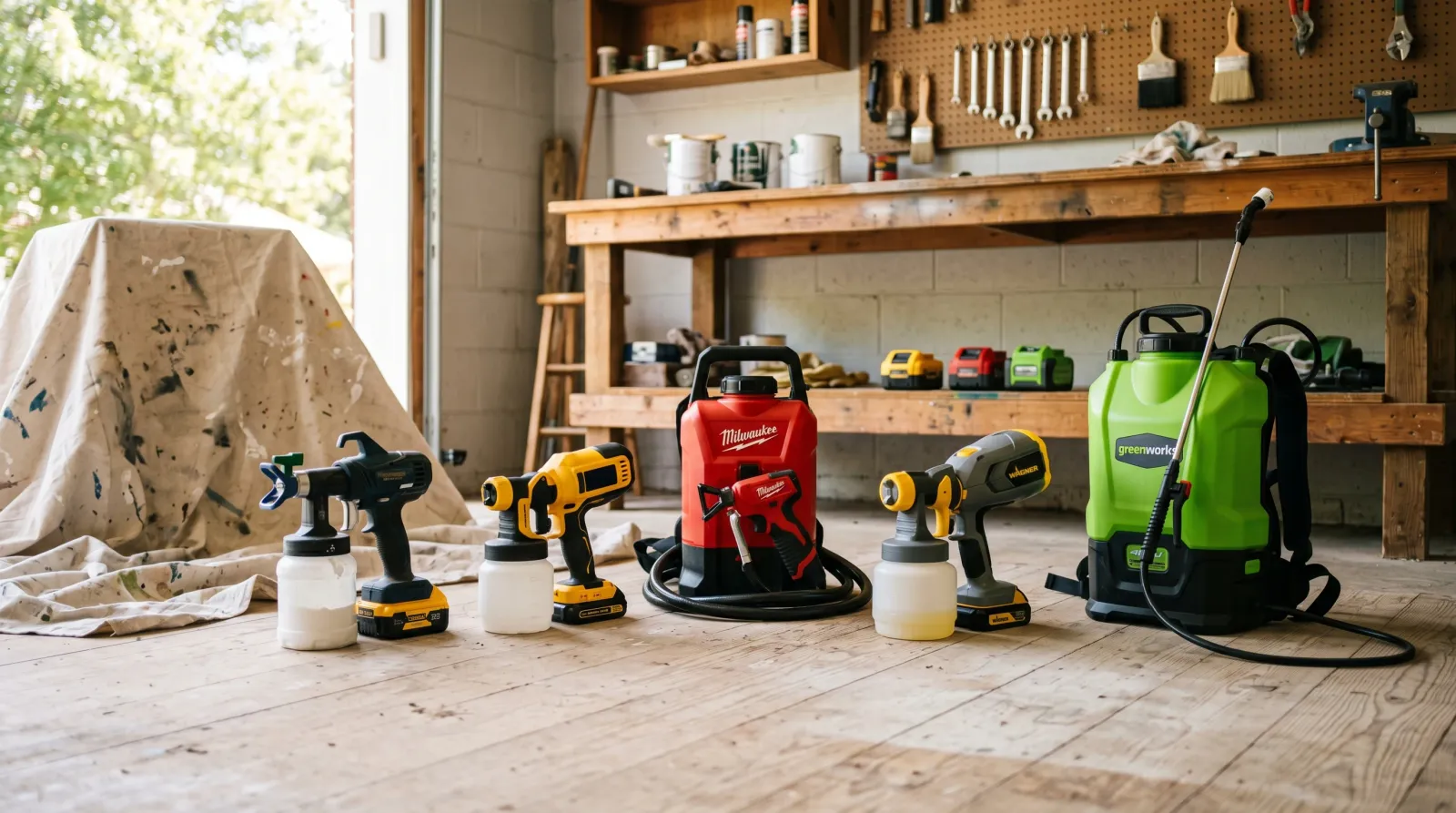Five cordless paint sprayers staged on the floor of a sunlit garage workshop with spare batteries on a workbench