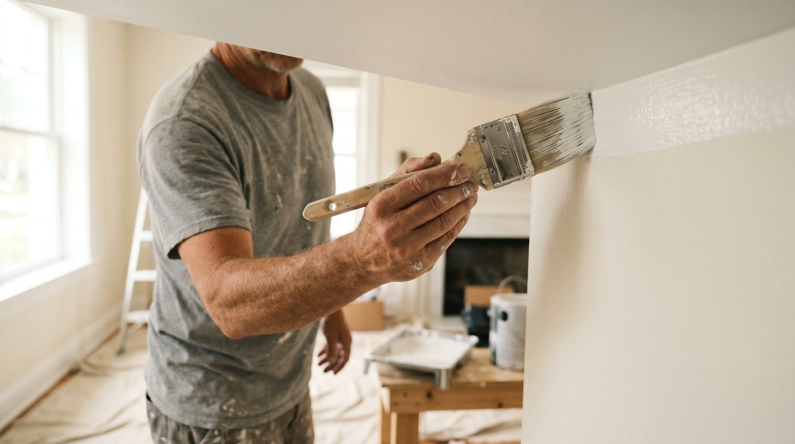 Painter's hand cutting in a sharp wall-to-ceiling paint line with an angled sash brush in warm daylight