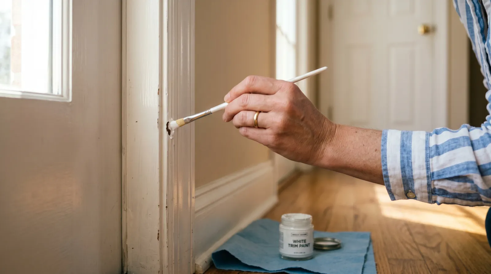 Hand using a fine detail brush to touch up a chip in semi-gloss white paint on a door casing in warm afternoon light