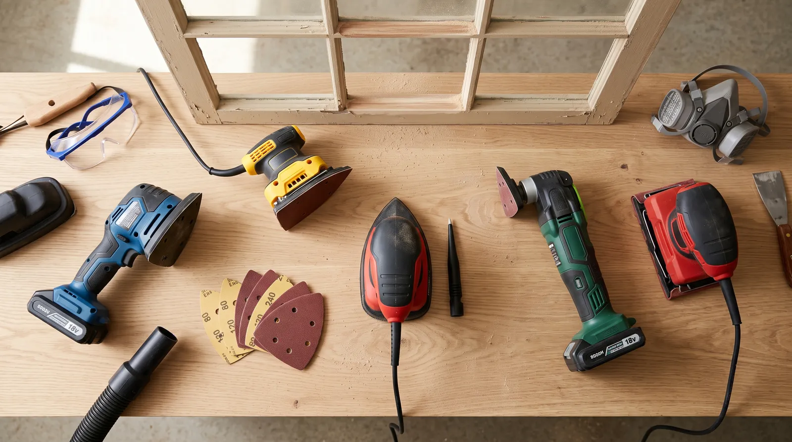 Five detail and mouse sanders laid out on a sunlit workshop bench with triangular sanding sheets, a vacuum hose, and a partly sanded window sash