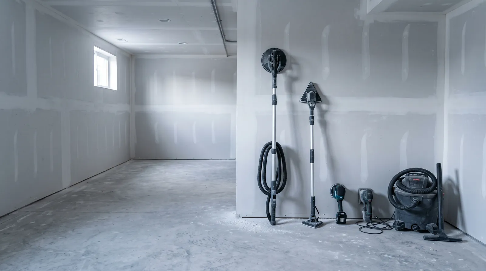 Four electric drywall sanders leaning against a freshly sanded drywall wall beside a shop vacuum