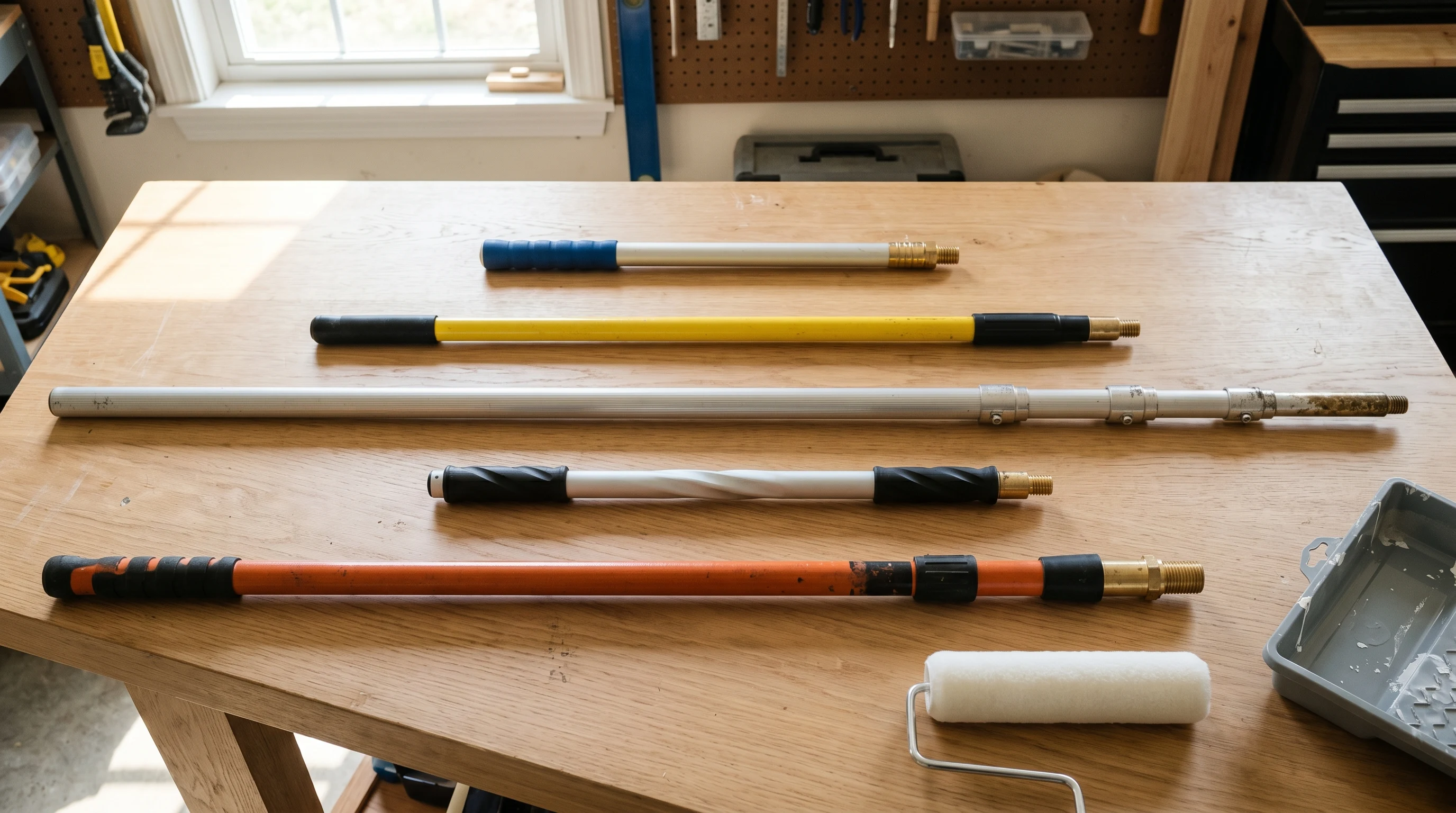 Five painter's extension poles laid out across a sunlit workbench with a roller and tray