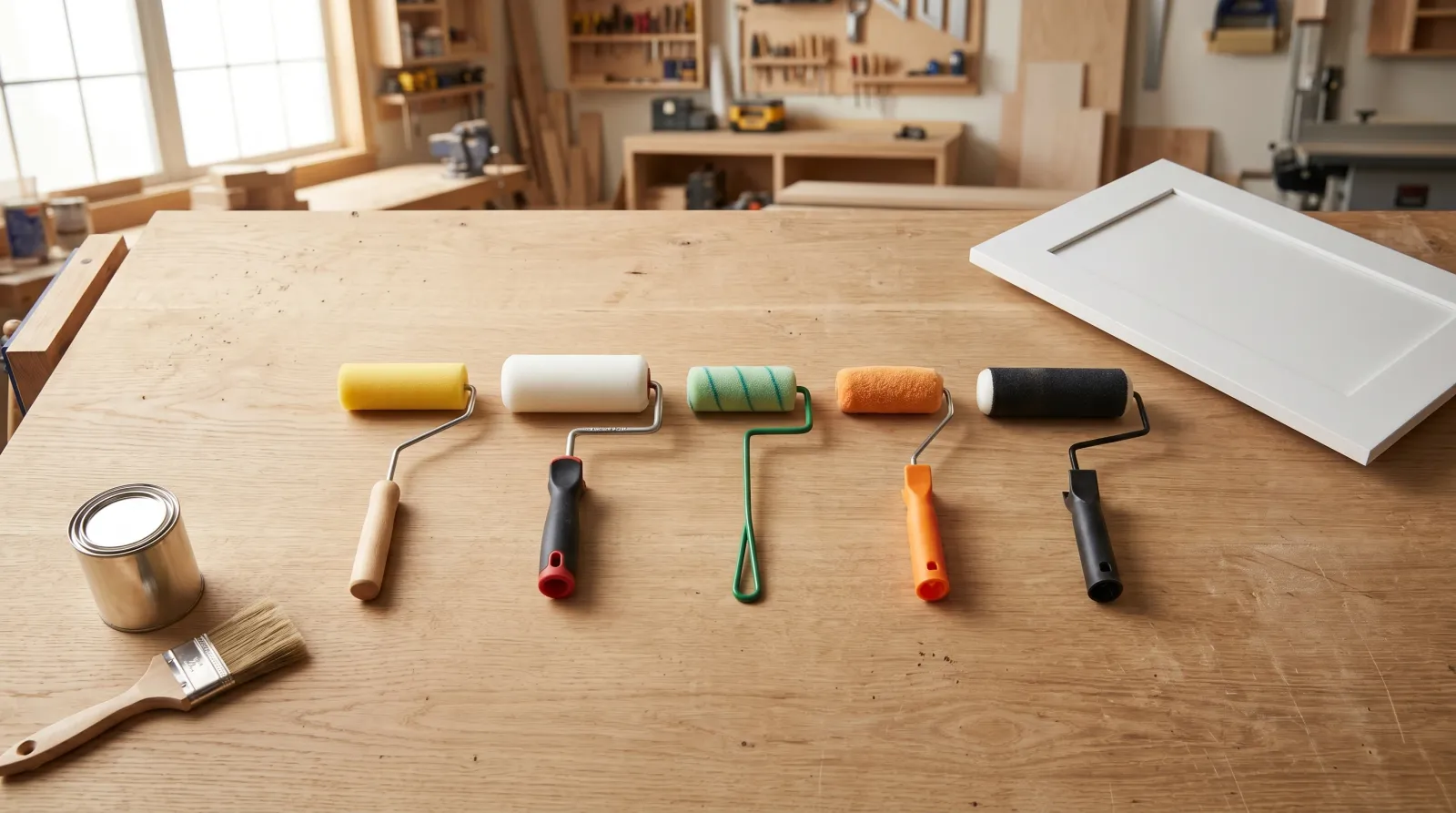 Five foam paint rollers and a primed cabinet door laid out on a sunlit workbench