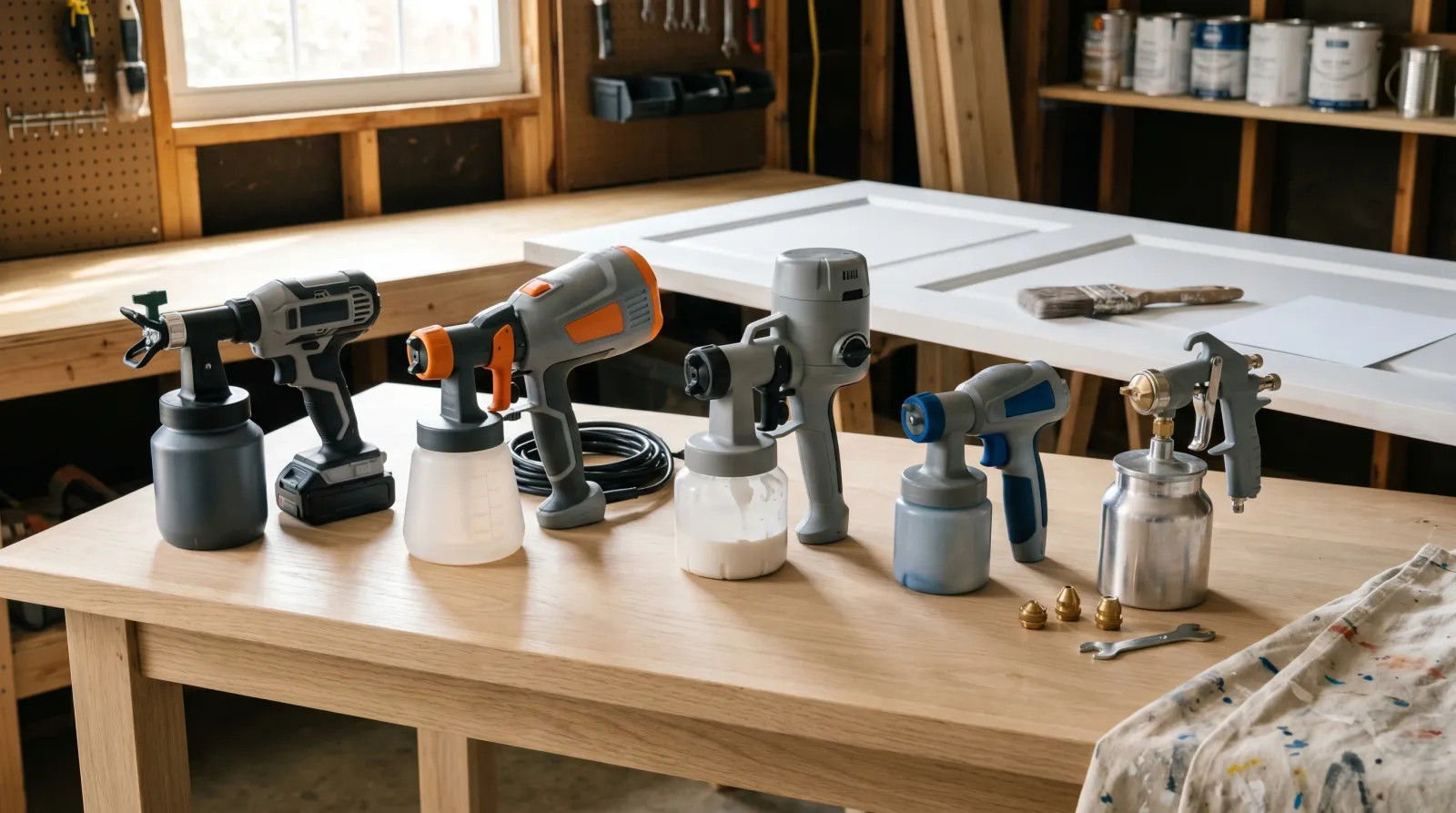 Five handheld paint sprayers arranged on a sunlit workshop bench with a primed interior door