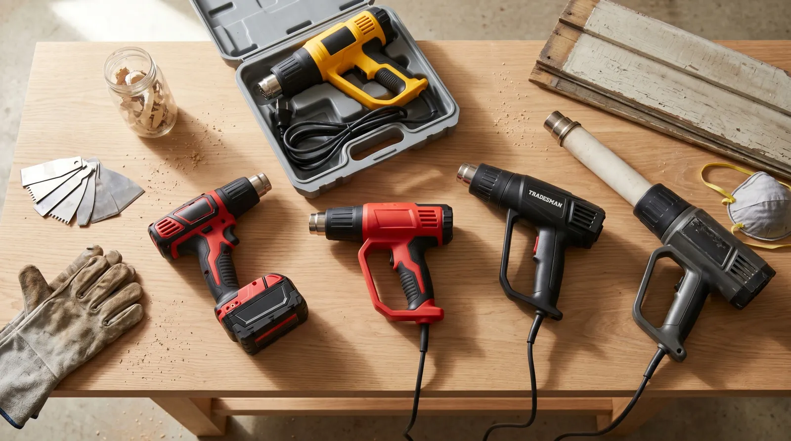 Five paint-stripping heat guns arrayed on a sunlit workshop bench with scrapers, gloves, a respirator, and a section of weathered clapboard