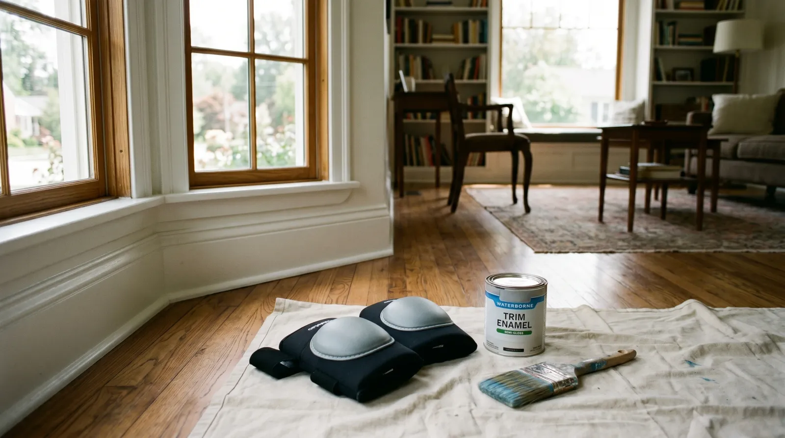 Two soft gel painting knee pads on a folded canvas drop cloth beside a quart of trim enamel and angled sash brush along a freshly cut-in baseboard