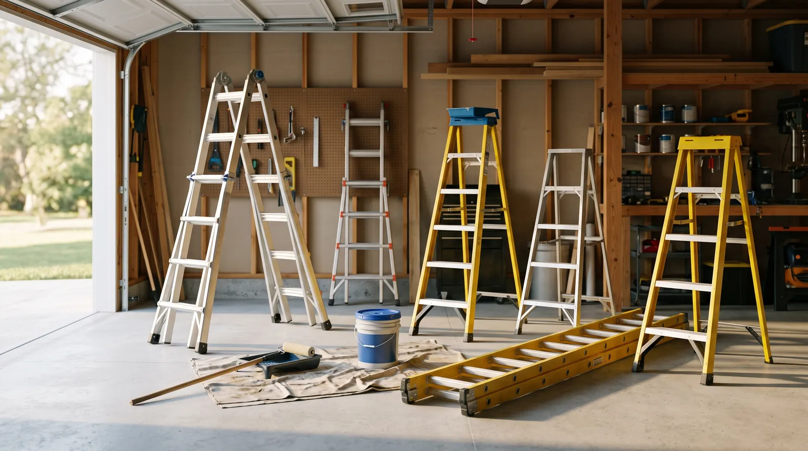 Six painting ladders set up in a sunlit garage workshop