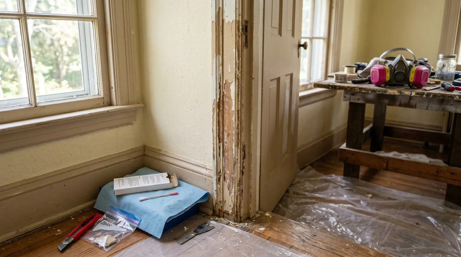 Pre-1978 painted door jamb being tested with a lead swab beside a kit box and respirator on plastic sheeting in soft window light