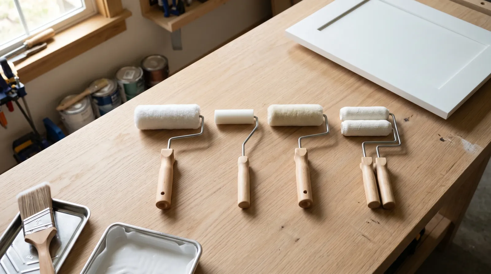 Five paint mini-rollers and a primed cabinet door laid out on a sunlit workbench